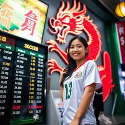 A lively scene featuring a charming Indonesian woman dressed in a football jersey, playfully engaging in a soccer betting atmosphere