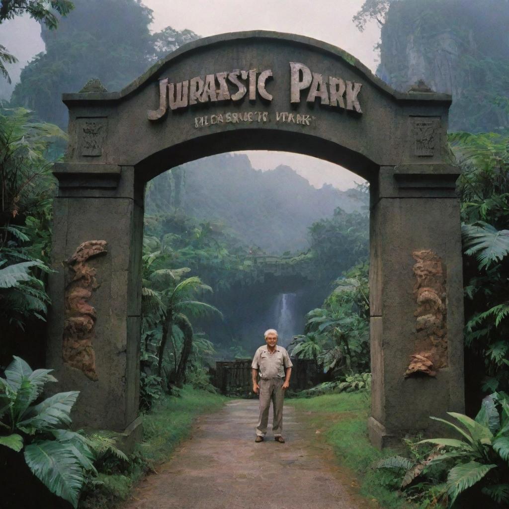 John Hammond unveiling Jurassic Park, complete with dinosaur habitats and towering gates, on the lush and vividly detailed Isla Nublar.