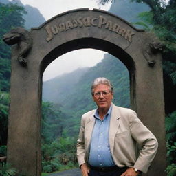 John Hammond unveiling Jurassic Park, complete with dinosaur habitats and towering gates, on the lush and vividly detailed Isla Nublar.