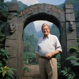 John Hammond unveiling Jurassic Park, complete with dinosaur habitats and towering gates, on the lush and vividly detailed Isla Nublar.