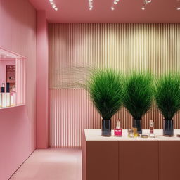 An elegant perfume store interior featuring a wall adorned with artificial plants. The color scheme is a delicate mix of pink, wood tones, and white.