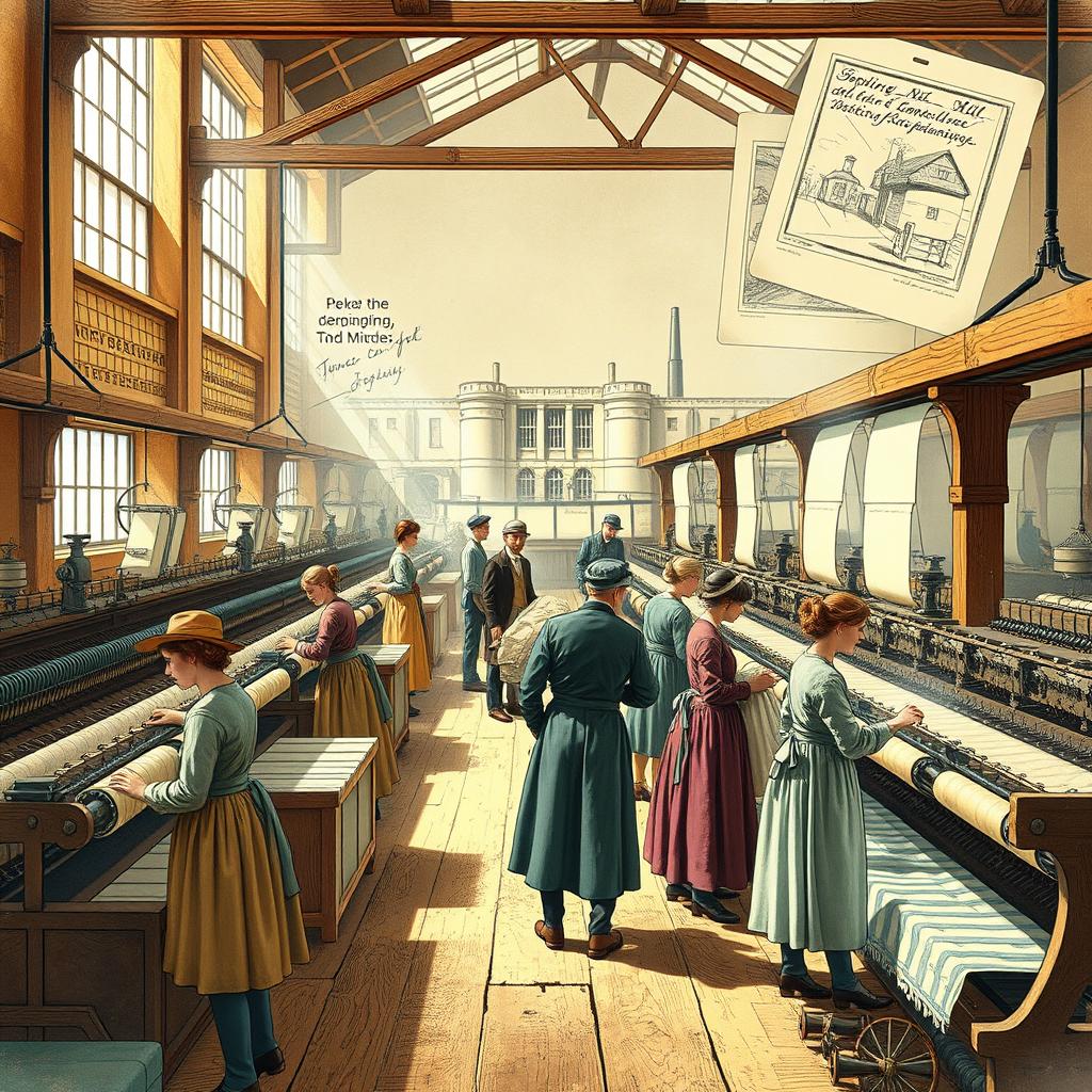 A historically accurate and vibrant illustration of a 19th-century textile mill during the Industrial Revolution