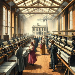 A historically accurate and vibrant illustration of a 19th-century textile mill during the Industrial Revolution