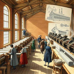 A historically accurate and vibrant illustration of a 19th-century textile mill during the Industrial Revolution