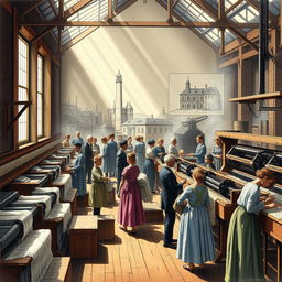 A historically accurate and vibrant illustration of a 19th-century textile mill during the Industrial Revolution