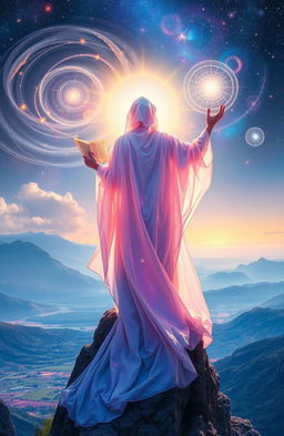 An ethereal scene depicting the concept of prophetic revelation, featuring a mystical figure cloaked in flowing, iridescent robes that shimmer with celestial light