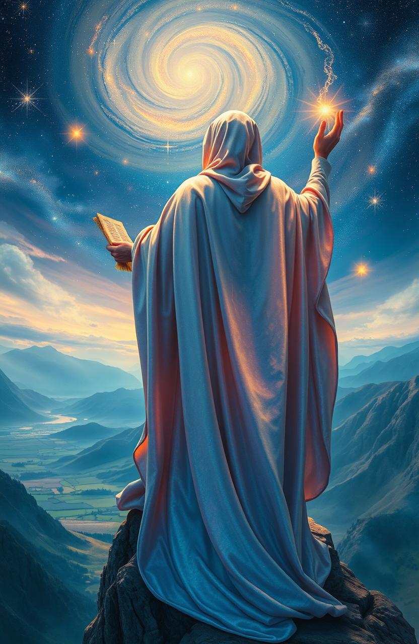 An ethereal scene depicting the concept of prophetic revelation, featuring a mystical figure cloaked in flowing, iridescent robes that shimmer with celestial light