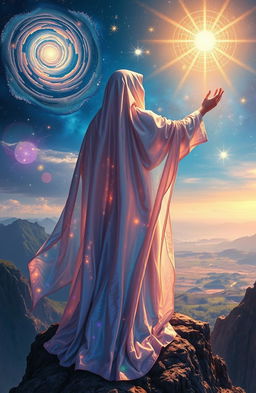 An ethereal scene depicting the concept of prophetic revelation, featuring a mystical figure cloaked in flowing, iridescent robes that shimmer with celestial light