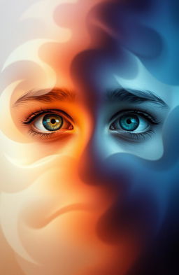 A surreal, poetic image depicting a pair of beautiful eyes transitioning from happy and vibrant to sad and lifeless