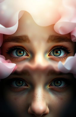 A surreal, poetic image depicting a pair of beautiful eyes transitioning from happy and vibrant to sad and lifeless