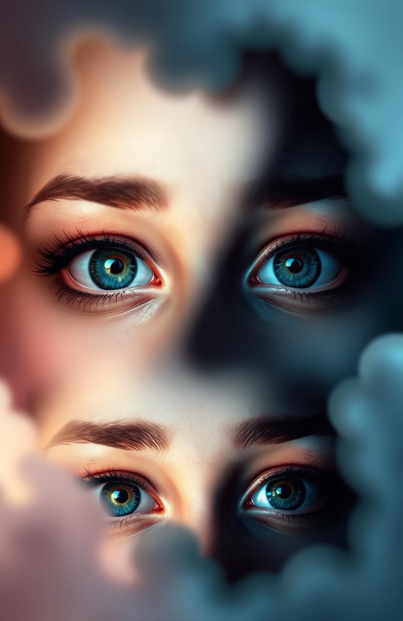 A surreal, poetic image depicting a pair of beautiful eyes transitioning from happy and vibrant to sad and lifeless