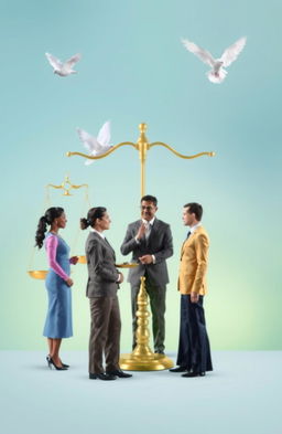 An abstract representation of alternative dispute resolution featuring a harmonious blend of the scales of justice, a mediator guiding two parties towards agreement, and symbols of peace like doves