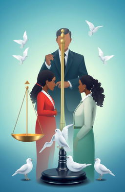 An abstract representation of alternative dispute resolution featuring a harmonious blend of the scales of justice, a mediator guiding two parties towards agreement, and symbols of peace like doves