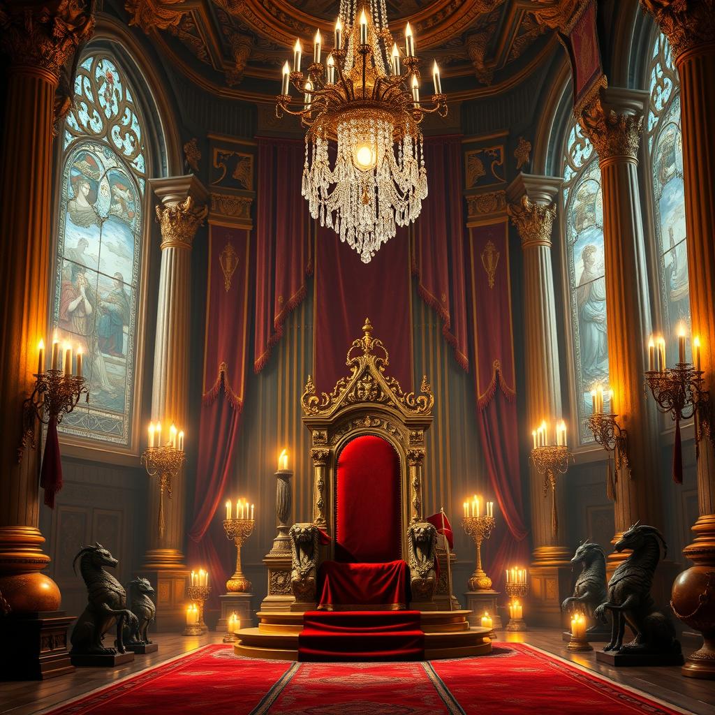 A majestic royal throne room, adorned with ornate golden decorations, rich tapestries hanging from the walls, and grand columns