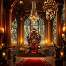 A majestic royal throne room, adorned with ornate golden decorations, rich tapestries hanging from the walls, and grand columns