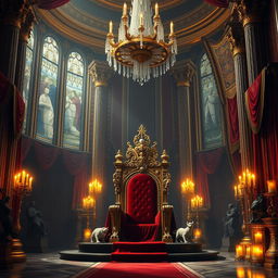 A majestic royal throne room, adorned with ornate golden decorations, rich tapestries hanging from the walls, and grand columns