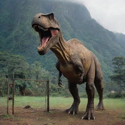 A towering Tyrannosaurus Rex contained within a large electric fence cage on Isla Nublar, the scene set amidst Jurassic Park.