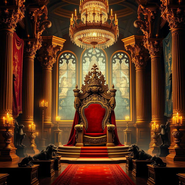 A majestic royal throne room, adorned with ornate golden decorations, rich tapestries hanging from the walls, and grand columns