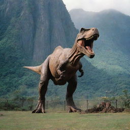 A towering Tyrannosaurus Rex contained within a large electric fence cage on Isla Nublar, the scene set amidst Jurassic Park.