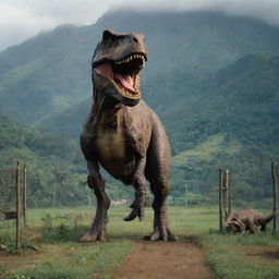 A towering Tyrannosaurus Rex contained within a large electric fence cage on Isla Nublar, the scene set amidst Jurassic Park.