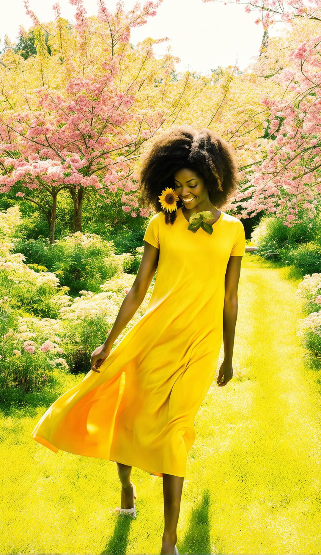 A raw, unfiltered 36k resolution photograph of a joyful black model in a classic yellow sundress with a sunflower tucked behind her ear, walking away and looking down, unaware of the camera in a lush spring garden under filtered sunlight, styled like a lifestyle magazine cover.