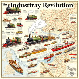 An informative and engaging illustration showcasing the transport systems of the Industrial Revolution