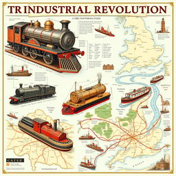 An informative and engaging illustration showcasing the transport systems of the Industrial Revolution