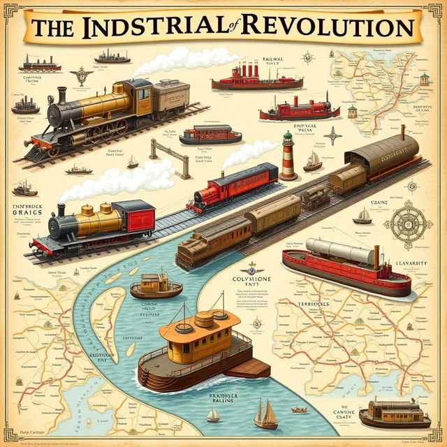 An informative and engaging illustration showcasing the transport systems of the Industrial Revolution