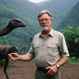 John Hammond overseeing the creation of a Raptor Paddock, a secure containment area housing the swift and intelligent Velociraptors on Isla Nublar of Jurassic Park.