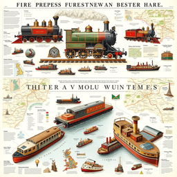An informative and engaging illustration showcasing the transport systems of the Industrial Revolution