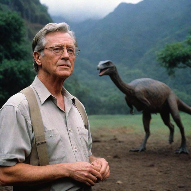 John Hammond overseeing the creation of a Raptor Paddock, a secure containment area housing the swift and intelligent Velociraptors on Isla Nublar of Jurassic Park.