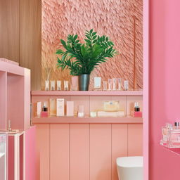 A stylish perfume store with a wall embellished with fake plants. The color palette includes soft pink, warm wood, and crisp white.