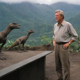 John Hammond overseeing the creation of a Raptor Paddock, a secure containment area housing the swift and intelligent Velociraptors on Isla Nublar of Jurassic Park.