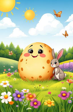 A whimsical illustration of a character from Russian folklore known as Kolobok, a round, animated bread roll with a cheerful face, sitting on a vibrant meadow