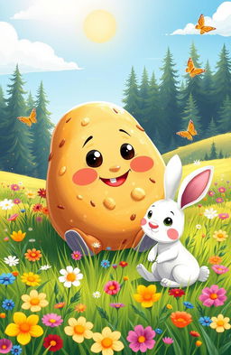 A whimsical illustration of a character from Russian folklore known as Kolobok, a round, animated bread roll with a cheerful face, sitting on a vibrant meadow