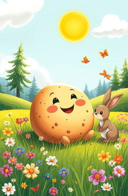 A whimsical illustration of a character from Russian folklore known as Kolobok, a round, animated bread roll with a cheerful face, sitting on a vibrant meadow