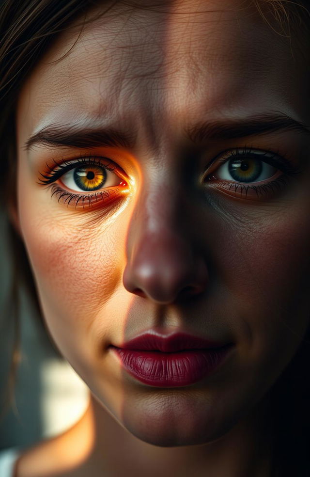 A close-up portrait of a woman where her eyes transition from vibrant and full of life to dull and sorrowful