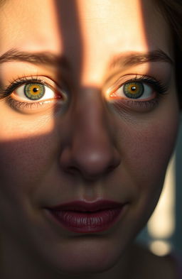 A close-up portrait of a woman where her eyes transition from vibrant and full of life to dull and sorrowful