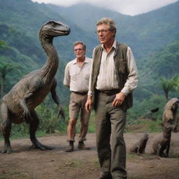 John Hammond overseeing the creation of a Raptor Paddock, a secure containment area housing the swift and intelligent Velociraptors on Isla Nublar of Jurassic Park.