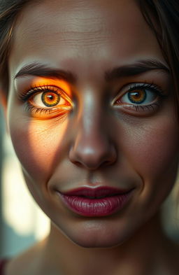 A close-up portrait of a woman where her eyes transition from vibrant and full of life to dull and sorrowful