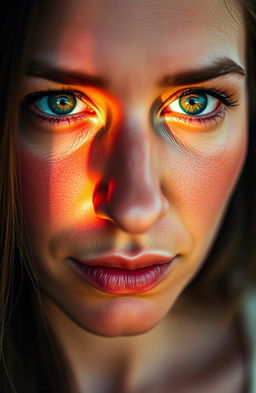 A close-up portrait of a woman where her eyes transition from vibrant and full of life to dull and sorrowful