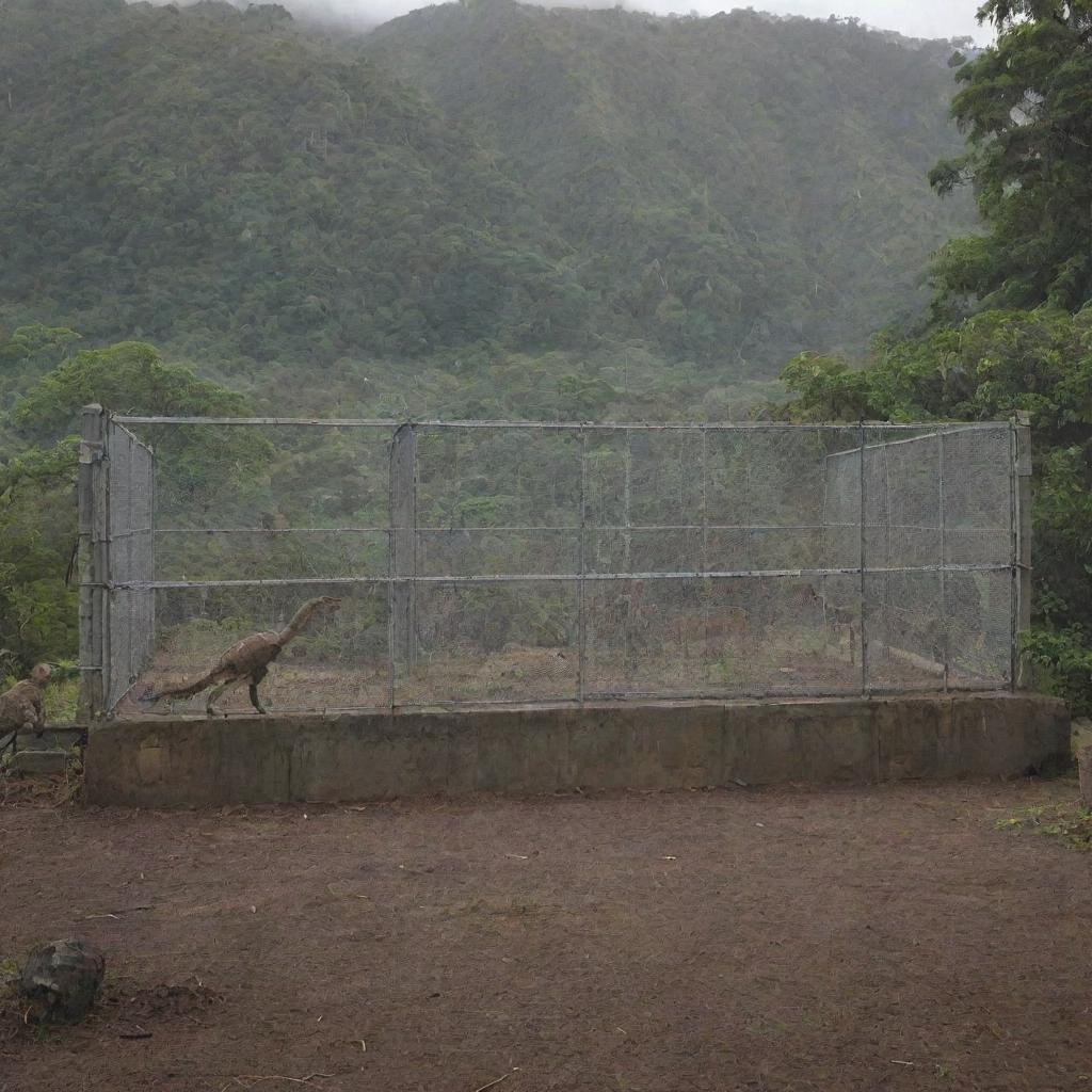 Velociraptors being contained in a robust enclosure on Isla Nublar, featuring towering electric fences and reinforced concrete foundations, under the watchful eye of John Hammond.