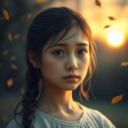 A poignant image of a young adult girl, portrayed in a soft and reflective style