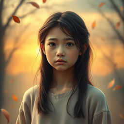 A poignant image of a young adult girl, portrayed in a soft and reflective style