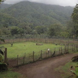 Velociraptors being contained in a robust enclosure on Isla Nublar, featuring towering electric fences and reinforced concrete foundations, under the watchful eye of John Hammond.