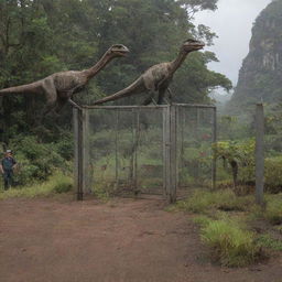 Velociraptors being contained in a robust enclosure on Isla Nublar, featuring towering electric fences and reinforced concrete foundations, under the watchful eye of John Hammond.