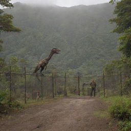 Velociraptors being contained in a robust enclosure on Isla Nublar, featuring towering electric fences and reinforced concrete foundations, under the watchful eye of John Hammond.