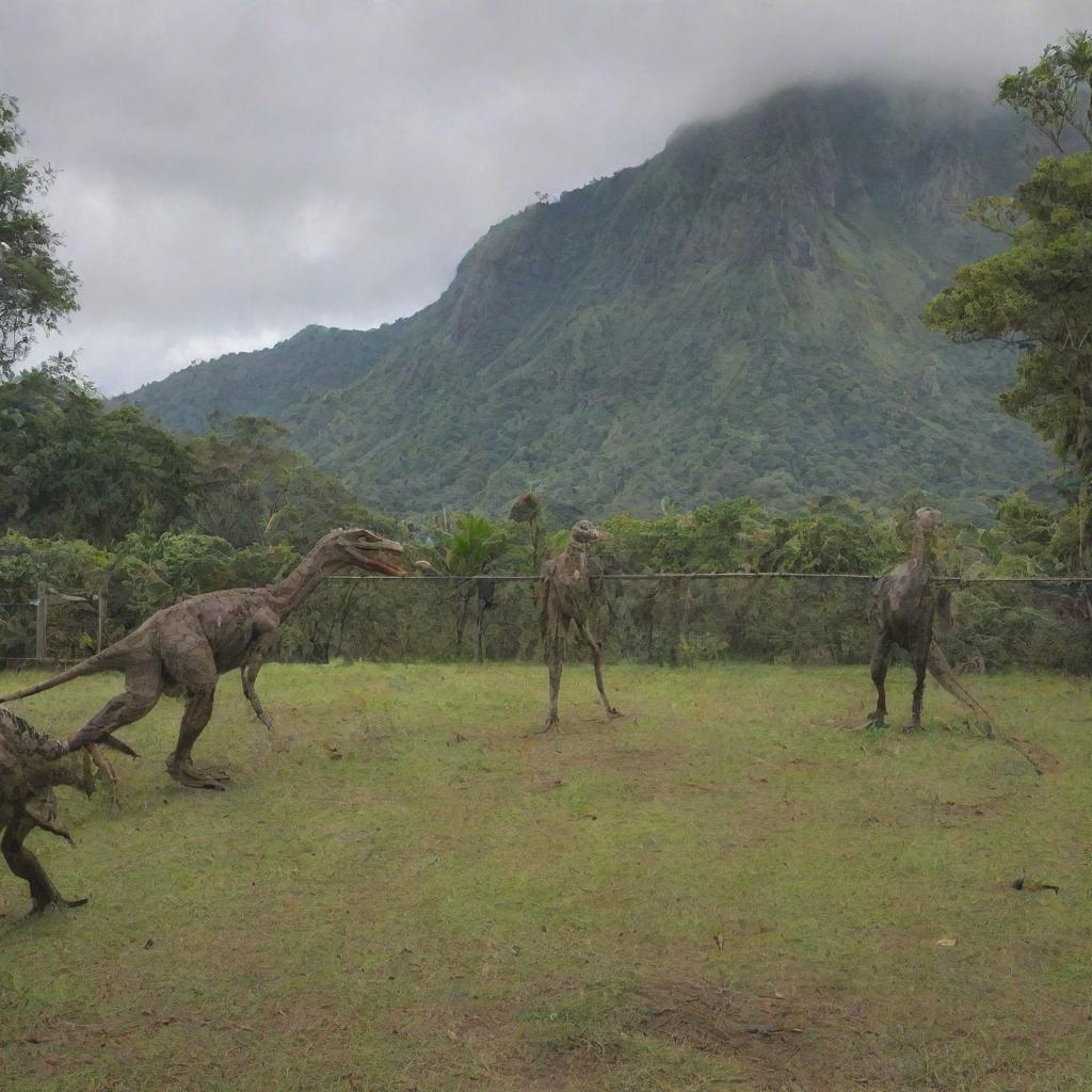 Velociraptors inside their robust electric-fence and concrete reinforced enclosure on Isla Nublar, unable to exit, with Jurassic Park's surrounding landscapes in the background.