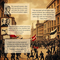 An engaging and visually rich collage showcasing the pivotal moments of the Industrial Revolution, with quotations from historical figures such as Henry Hunt, who led significant rallies for workers' rights