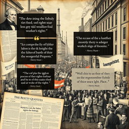 An engaging and visually rich collage showcasing the pivotal moments of the Industrial Revolution, with quotations from historical figures such as Henry Hunt, who led significant rallies for workers' rights